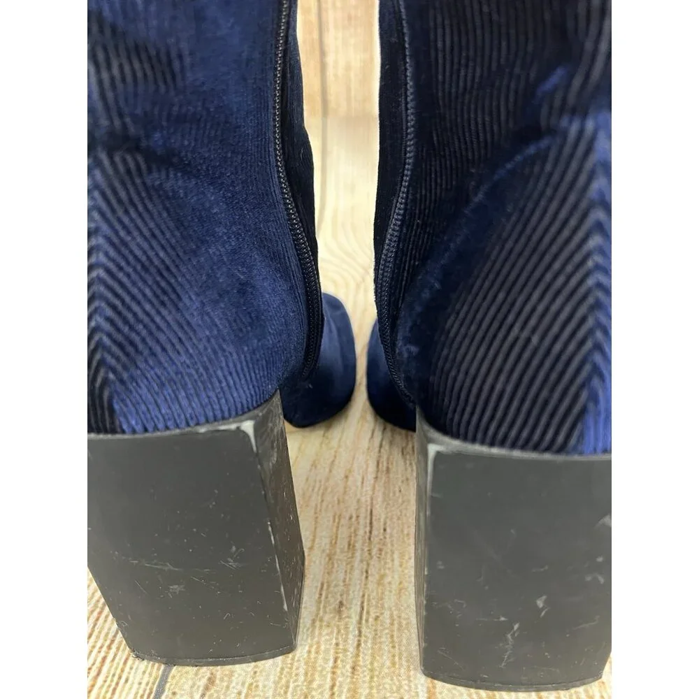 H By Halston Kandi Navy Blue Velvet Corduroy 7.5M Mid Calf Block Heel Y2K‎